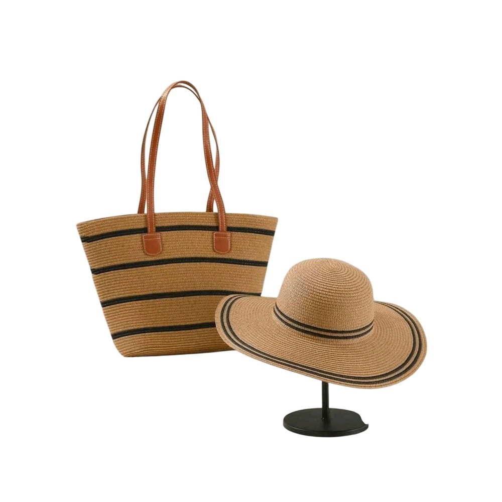 Womens Straw Beach Tote Bag and Wide Brim Sun Hat Set Tan Black Striped Summer